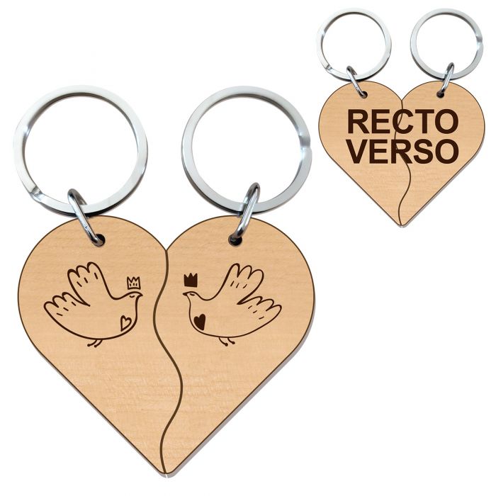 Porte-clés "coeur Double" Personnalisé Médaille Rectangle Bois Gravée