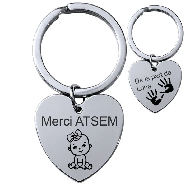 Porte-clés gravé coeur brillant - merci atsem