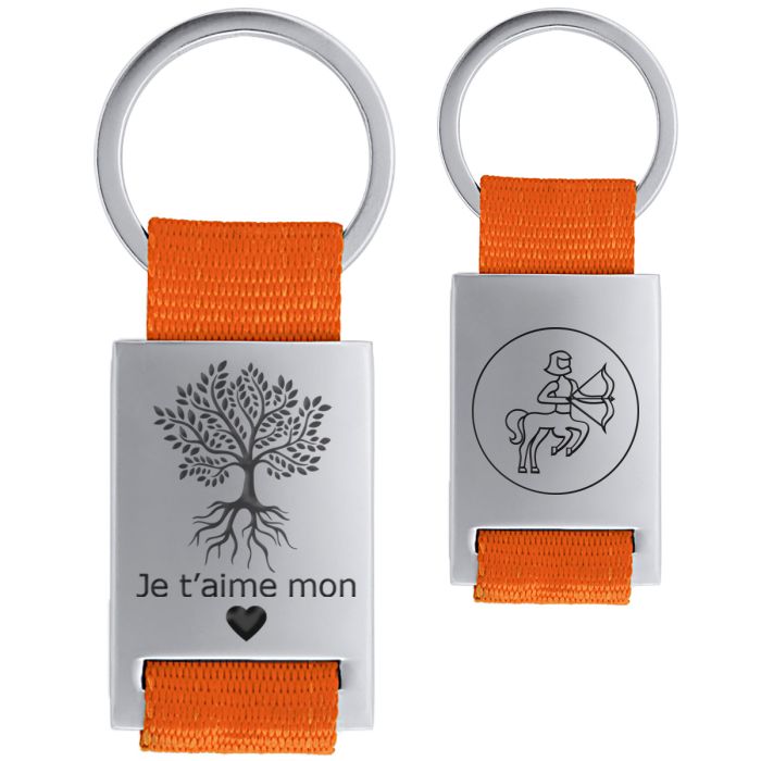 Porte clés métal tissu gravé double face orange