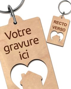 Porte clés maison coeur gravé bois 