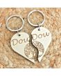 Porte clés couple cœur bois gravé vague personnalisé