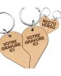 Porte clés bois gravé cœur duo vague - on