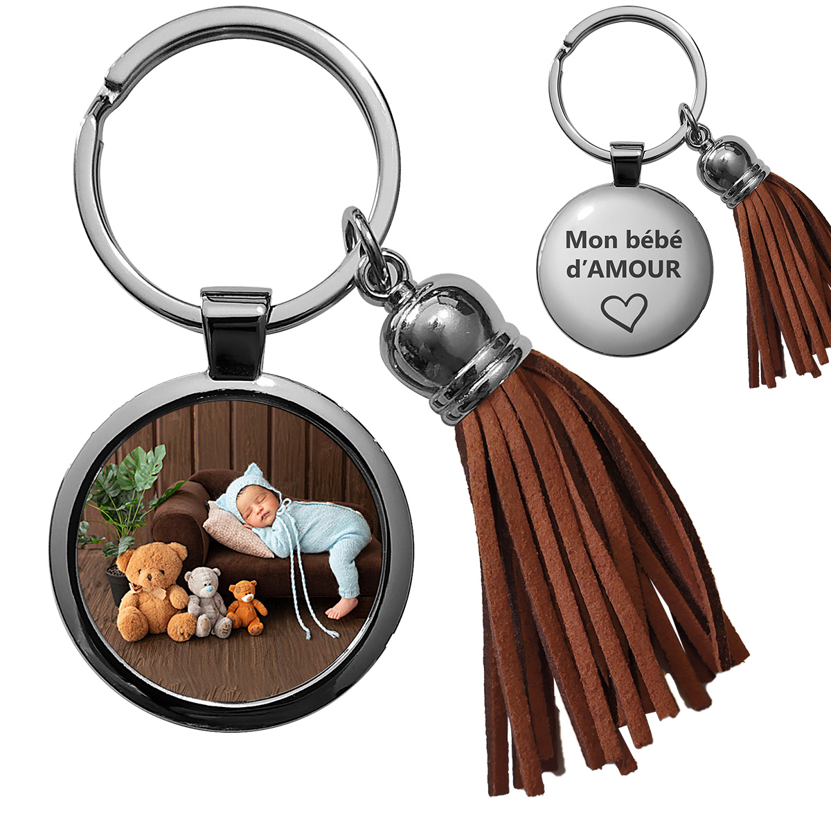 Porte Cles Photo Bijou Pompon Marron