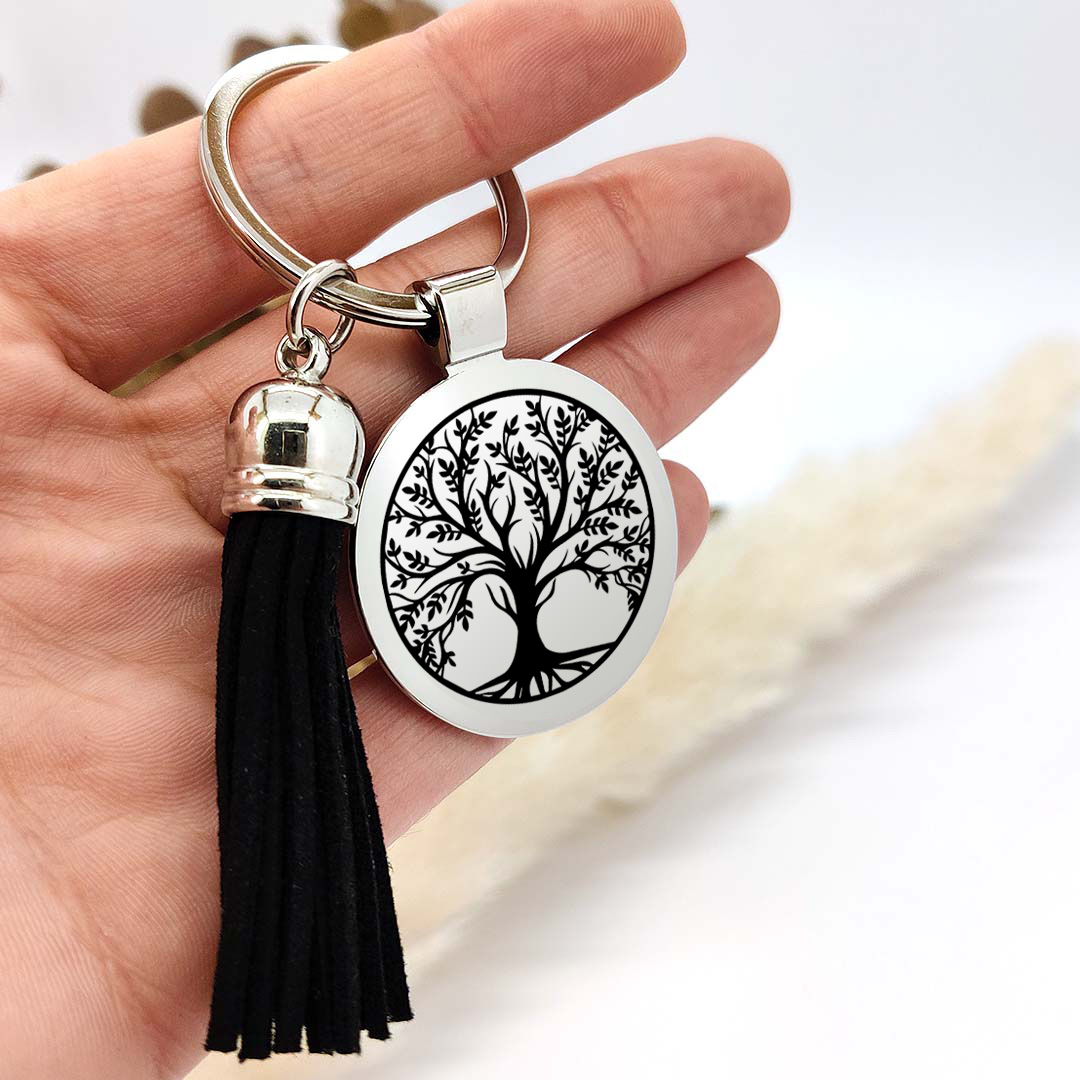 porte-clef arbre de vie métal et pompon